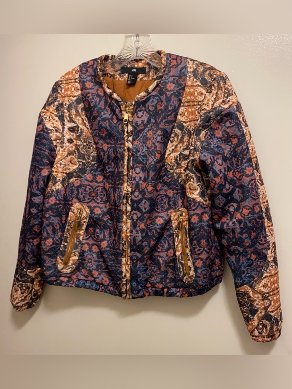 H&M Womens Quilted Jacket Size 6 Bust 38” Byzantine Boho Print Navy Orange Red